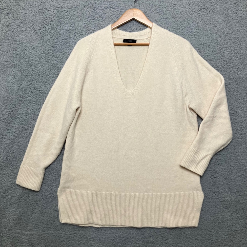 J.Crew Women V-Neck Sweater Merino Wool Alpaca XS Cream Oversized Pullover Tunic
